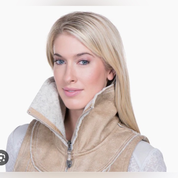 KUHL Dani Sherpa Vest Jacket Coat Almond Tan Brown Beige Faux Leather Wool Sides - Picture 5 of 15